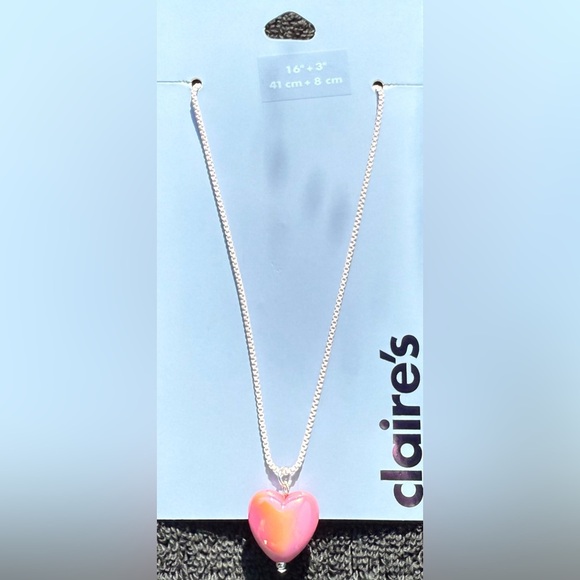 Claire's Vibrant Pink Heart Necklace with Faux Rhinestone & Pink Chain - Picture 6 of 9